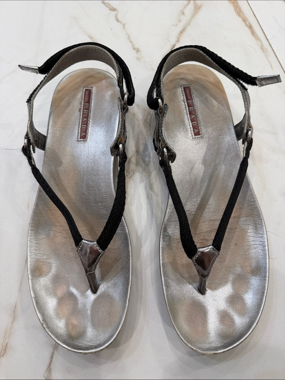 Prada Silver Footbed Black Strap T‑Bar Sandalsprada black and silver sandals